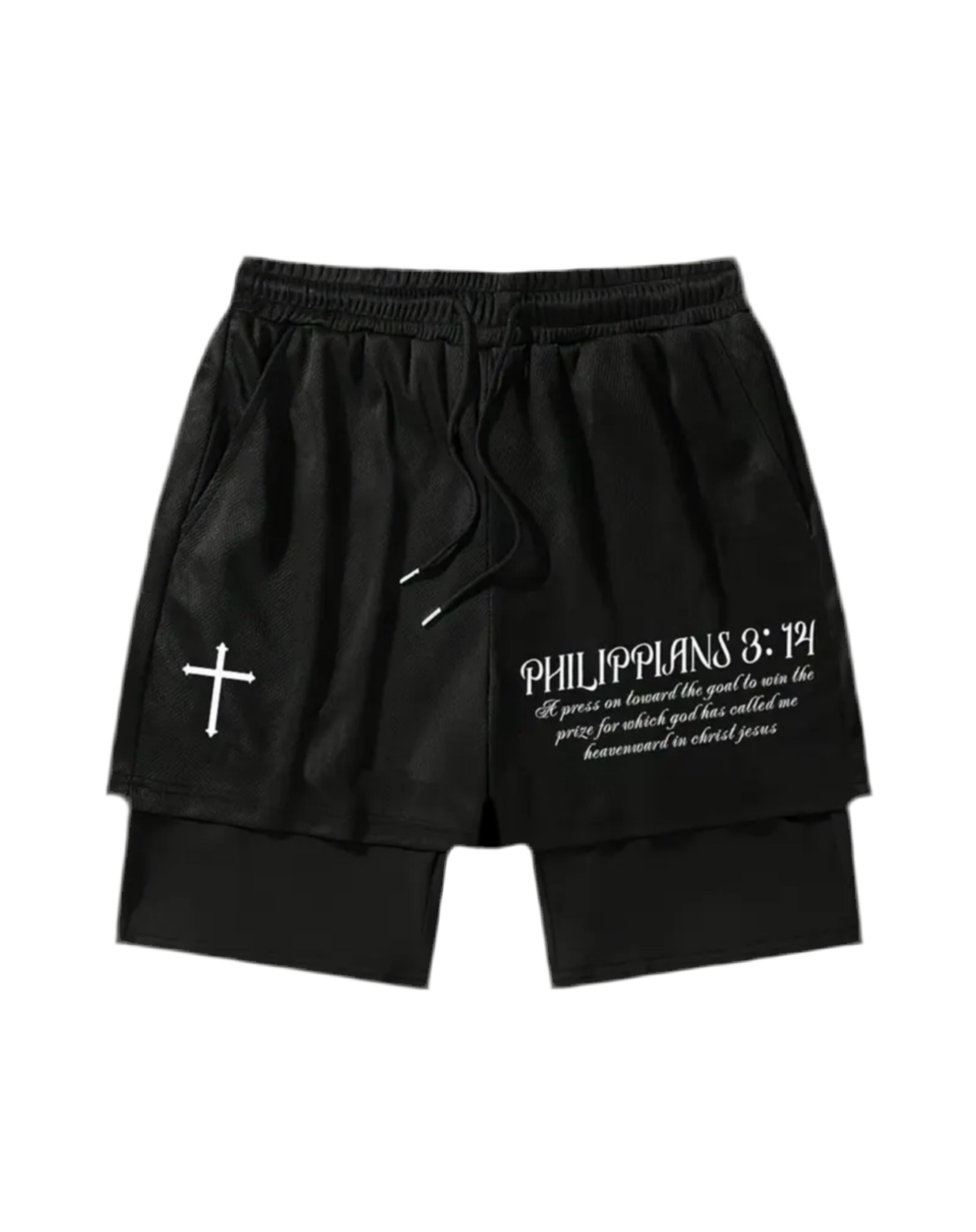 Men's Dual-Layer Casual Athletic Shorts - Sleek Black with Cross & Philippians 4:13